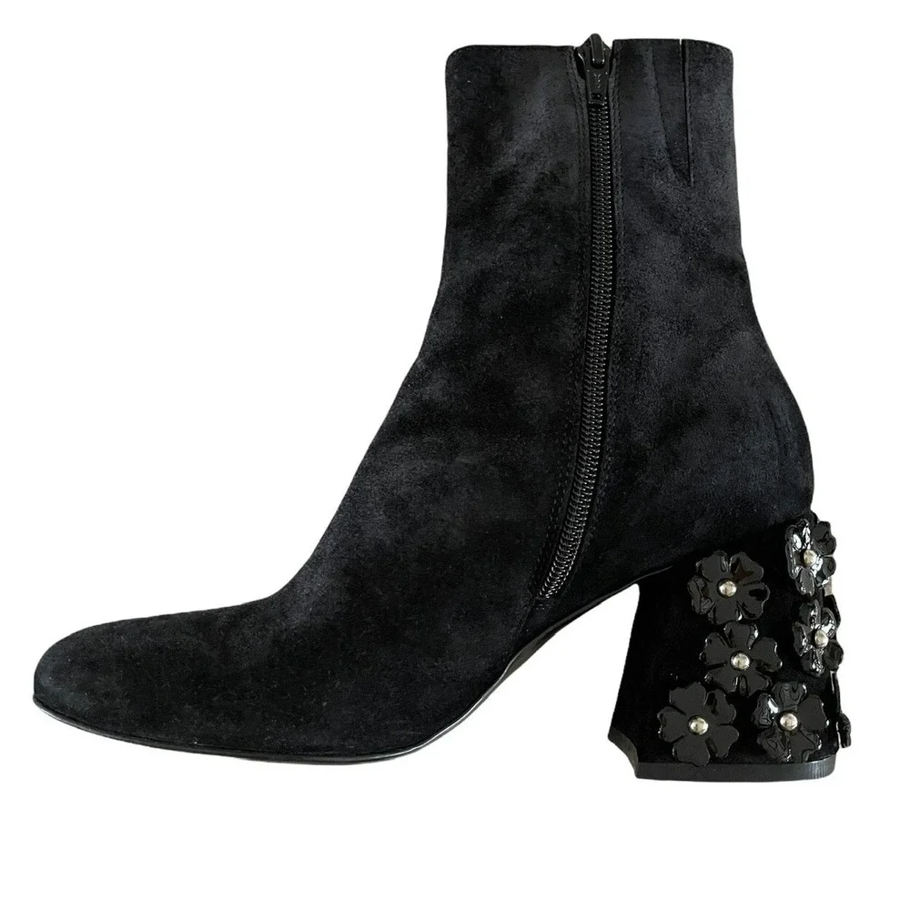 Jeannot Womens Black Suede Block Heels 3D Flowers On Heel Italy US 5.5-6 EUR 36.